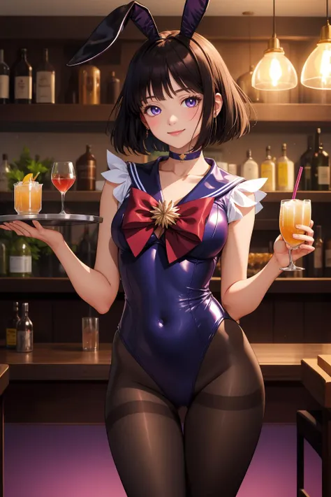 masterpiece, best quality, highres, absurdres, ultra detailed, pretty eyes,
sailor saturn, purple leotard, choker, pantyhose, fake_bunny_ears
happy, smile, holding_tray_of_drinks, cowboy shot
indoor classy_bar, dimly lit
<lora:sailormoon_sailorsaturn-10:0.7>