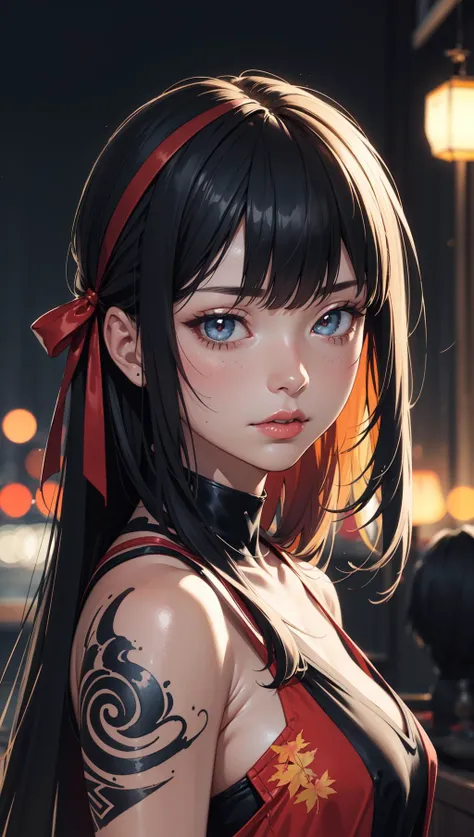 realistic,best quality,(masterpiece:1.2),absurdres,(1girl, solo),watercolor,a beautiful woman,shoulder,hair ribbons,half body portrait,extremely luminous bright design,(ink:1.3),autumn lights,looking at viewer,