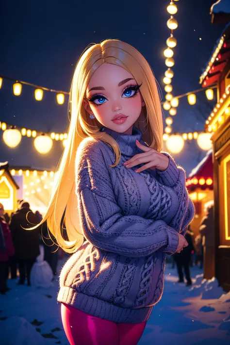 ((best quality)), ((masterpiece)), (intricate details, hyperdetailed:1.15), 35mm, bokeh, (perfect face, highest detailed face), (cowboy shot, mid-angle shot), fashion photography of bratz, <lora:bratz3-01:0.6>, lips, large breasts, beautiful, makeup, mascara, lip gloss, perfect eyes, long eyelashes, long hair, (wearing warm sweater and leggings), looking at viewer, 8k, shiny, glow, (bloom), beautiful girl, photoshoot, at a winter fair, snowy scene, neon lights, fun atmosphere