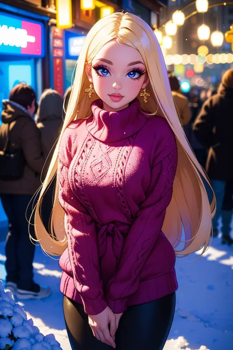 ((best quality)), ((masterpiece)), (intricate details, hyperdetailed:1.15), 35mm, bokeh, (perfect face, highest detailed face), (cowboy shot, mid-angle shot), fashion photography of bratz, <lora:bratz3-01:0.6>, lips, large breasts, beautiful, makeup, mascara, lip gloss, perfect eyes, long eyelashes, long hair, (wearing warm sweater and leggings), looking at viewer, 8k, shiny, glow, (bloom), beautiful girl, photoshoot, at a winter fair, snowy scene, neon lights, fun atmosphere