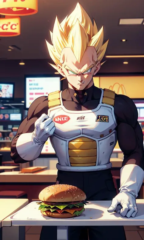 vegeta eating a burger in a mcdonalds restaurant, indoor fast food store background, (masterpiece, best quality:1.2) perfecteyes eyes, green eyes, solo, male focus, 1boy, angry, mouth open, looking at burger, blonde spiked hair, armor, white gloves,  <lora:dbz_vegeta:1>,  <lora:lora_perfecteyes_v1_from_v1_160:0.7>