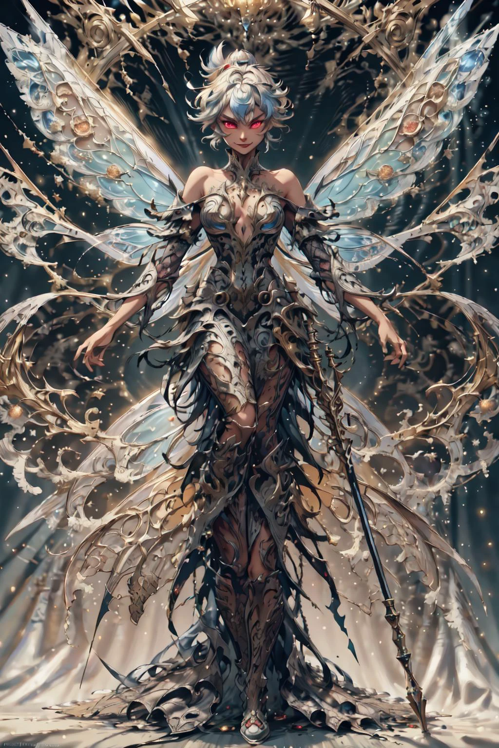 TinkerWaifu, single hair bun,fairy wings, in the air, savage grin, glowing red eyes, (perfect eyes),
flying, full body, perfect hourglass body,
strapless dress, menacing gesture, spear in hand,
(masterpiece:1.2), (highly detailed:1.2), (intricate:1.2), (best quality:1.2),(8k:1.2),
cinematic light, vivid colors
tropical island, volcano, clear summer night,
<lora:tinkerbell_character:0.7> <lora:Clothing - Fractal Fairy Armor:1>multi colored fr4ctal4rmor, multi colored wings made of fire