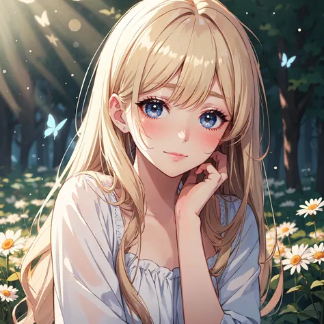 masterpiece, shoujo manga style art, delicate drawing, 8k,
girl, solo, dreamer, butterfly, daisy, dappled sunlight, long hair, blond hair,
looking at viewer, soft smile, passionate, ashamed, blushed.