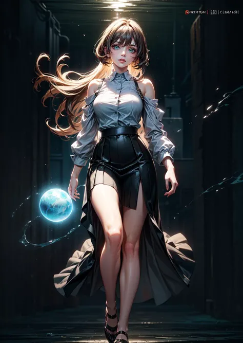 detailed background, (dungeon with spirits flying about), particles, (style-swirlmagic:0.9), floating particles, high quality fingers, normal hands, detailed fingers, glowing orb behind, masterpiece, (realistic, photo-realistic:1.37), (22 years old woman), medium breast, small waist, brown flowing hair glamour, (green glowing eyes), beautiful face, perfect illumination, beautiful detailed eyes, looking at viewer, stunningly beautiful woman, detailed hairstyle, ((wearing flowing skirt and over-sized shirt with shoulders showing)), (((body illumination:1.5))), ((full body shot, standing)), <lora:more_details:0.6> <lora:epi_noiseoffset2:0.6> <lora:GoodHands-vanilla:1>