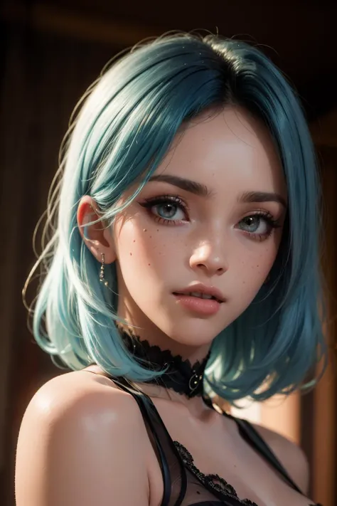 (masterpiece, best quality, hires, high resolution:1.2), (extremely detailed, realistic, intricate details, highres), 1girl, solo, light blue hair, aqua IncursioDipDyedHair, Short Wavy Bob, hair over one eye, detailed big brown eyes, smile, freckles, blush, eyeliner, eyeshadow, eyelashes, choker, large breasts, cleavage, wearing  black lace sheer top crop top, (cinematic lighting, backlighting), looking at viewer, upper body, simple background, gradient background, brown eyes, super detailed skin, skin imperfections, orgasm face, 
<lora:realistic:0.25> <lora:DipDyedHair:0.8>  <lora:edgOrgasm_v2:0.8> <lora:breasts_squeezed_together_v0.2:1> <lora:MeganFoxDoguV3:0.7>