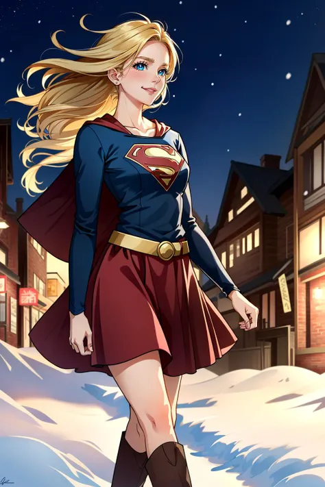 masterpiece, best quality, highres, absurdres, ultra detailed, perfect hands,
1girl, supergirl, blonde, [blue eyes], blue shirt, belt, blue skirt,  red knee boots, BREAK 
 Walking down snow covered street, Christmas decoration, night 
<lora:supergirl:0.6>, sweet smiles