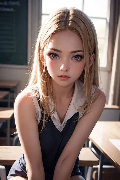 Full body shot , 1girl, teenager, SoAesthetic artwork, blond, straight blonde hair, super long blonde hair, light blue-grey eyes, some small freckles, pale skin, small breasts, runners body, (thin hips, thin waist: 1.25), detailed skin, shy smile, (full body: 1.1), (action shot kneeling: 1.25), wearing a short sleeve button down white blouse, Buttons are undone and blouse is open, short pink pleated skirt, school girl uniform,24mm, 4k textures, soft cinematic light, RAW photo, photorealism, photorealistic, intricate, elegant, highly detailed, sharp focus, ((((cinematic look)))), soothing tones, insane details, intricate details, hyperdetailed, low contrast, soft cinematic light, dim colors, exposure blend, hdr, faded
