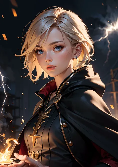 ((Portrait shot)),(masterpiece:1.5),concept art,intricate details,highly detailed,photorealistic,octane render,8k,unreal engine,dynamic pose,best quality,highres,(realistic face:1.1),(hyperrealistic:1.1),((full_body)),perfect eyes,(shiny skin:1.2),(((hairstyle))),(((perfect hands))),(extremely detailed background),((dynamic background)),((lightning)),(light rays),((1girl)),wearing cloak,(((flowing cloak))),((detailed eyes, high quality eyes, high quality face)),(extremely intricate robes, magical robes),short hair,casting lightning,electricity,swirling fire,radiating power,sparks,smoke,magic,((dramatic)),epic,battlefield,depth of field,bokeh,4k,gothic,ember,particles,