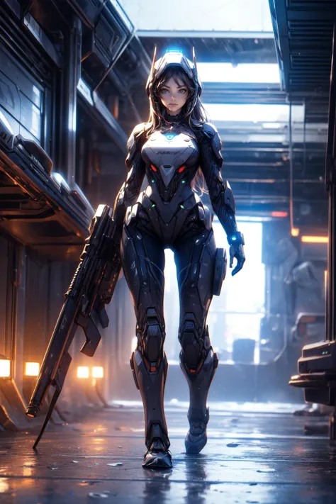 robot, mj3d style,3dmm,3d,(full body shot:1.3), bokeh:1.2, sci-fi background, looking straight at viewer, (22 years old woman), medium breast, small waist, long brown flowing hair, (green eyes, beautiful eyes), beautiful face, mech visor open showing beautiful eyes, stunningly beautiful woman, good hands, detailed hands, good feet, (8k, RAW photo, best quality, masterpiece:1.2), (realistic, photo-realistic:1.37), ultra high res, photon mapping, radiosity, physically-based rendering, (ambient light:1.3), (cinematic composition:1.0),professional soft lighting, light on face, (black gold, trimmed gear:1.2),(In a futuristic weapons factory:1.2) <lora:more_details:0.4>, <lyco:Robotaction:0.8> <lora:add_detail:0.6>