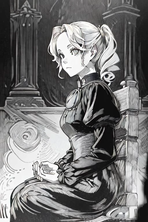 award winning black and white engraving portrait of a pretty young irish girl, platinum blond, victorian era updo hairstyle, curly locks, (sinister expression:1.2), sitting lotus pose meditation, in a dark chamber, intricately detailed, dramatic backlighting
