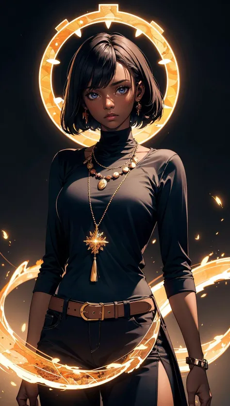 masterpiece,best quality,ultra high res,1 dark skinned African girl,(fractal art:1.3),deep shadow,dark theme,fully clothed,necklace,forlorn,cowboy shot,