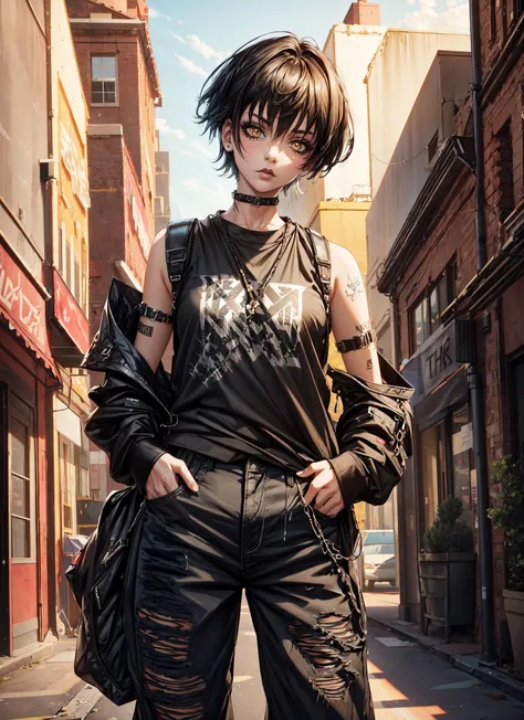 1girl,punk,short hair,black hair,yellow eyes,eyelashes,eyeshadow,(black lipstick:1.2),nose piercing,lip piercing,baggy shirt,black baggy shirt,(sleeveless),tight black jeans,spikes bracalet,standing,lookint at viewer,facing viewer,expresionless,hands in pockets,outdoors,crowd,masterpiece,extremely detailed CG unity 8k wallpaper, best quality,32k,focus sharp,<lora:punk_v0.2:0.8>, <lora:add_detail:1>, <lora:Light and Shadow:0.6>