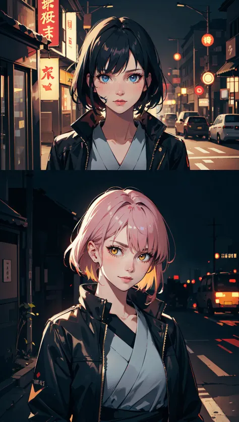 neon operator kendall jenner, cyberpunk futuristic neon, reflective puffer jacket, decorated with traditional japanese ornaments by ismail inceoglu dragan bibin hans thoma greg rutkowski alexandros pyromallis nekro rene maritte illustrated, perfect face, fine details, realistic shaded, fine - face, pretty face shiny colors, smile, takao kendallama, translated, yellow eyes, yu-gi vii, yuuutsuki: naruto series, yukata, zabuton nagatsuki, zekotai youkai, zeta guzemonogatari zeta no hare meikyaku