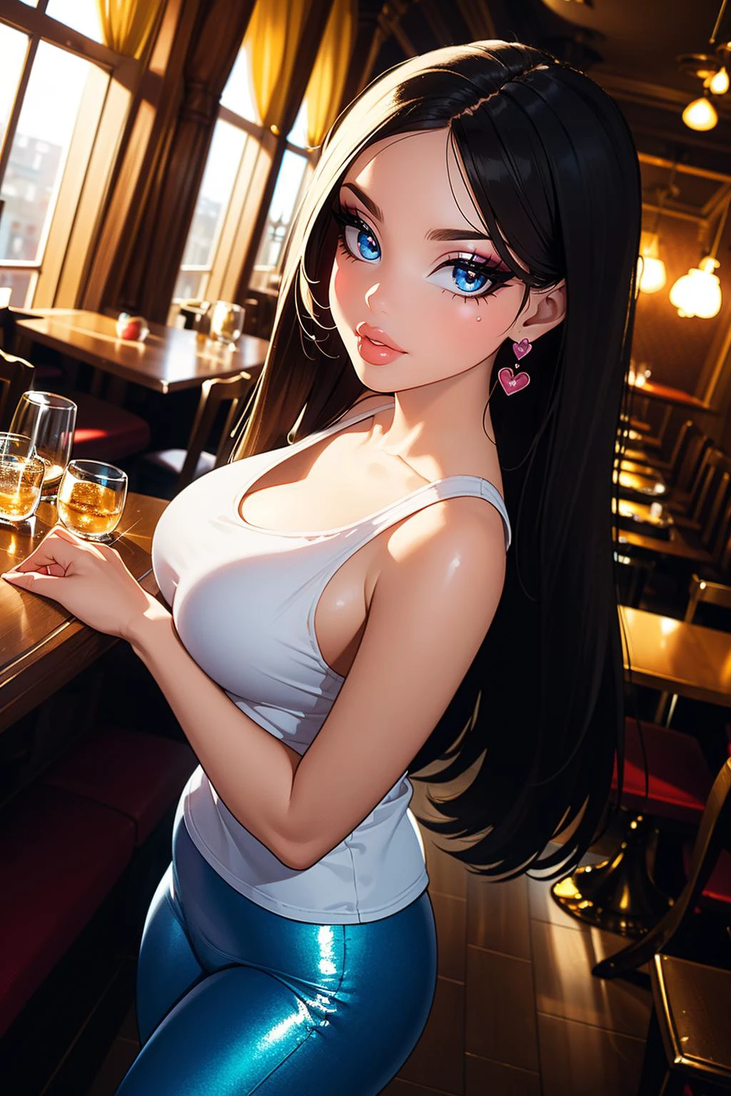 ((best quality)), ((masterpiece)), (intricate details, hyperdetailed:1.15), 35mm, bokeh, (perfect face, highest detailed face), (cowboy shot, mid-angle shot), fashion photography of bratz, <lora:bratz3-01:0.6>, lips, large breasts, beautiful, makeup, mascara, lip gloss, perfect eyes, long eyelashes, long hair, (wearing tank top and leggings), looking at viewer, 8k, shiny, glow, (bloom), beautiful girl, photoshoot, at a valentines themed restaurant, cosy scene, natural light, fun atmosphere, hearts, love