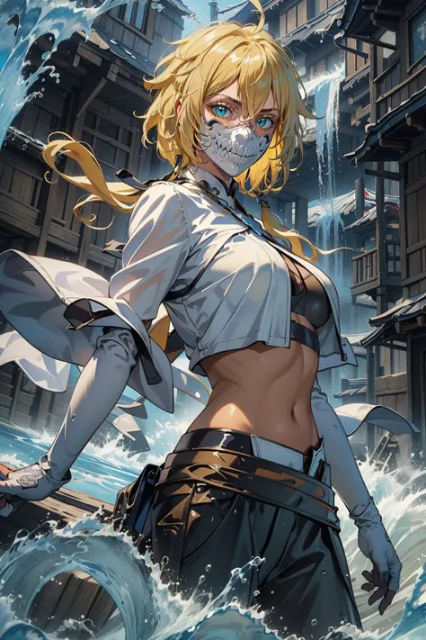 ((best quality)), ((masterpiece)), (intricate details, hyperdetailed:1.15), 35mm, bokeh, (perfect face, highest detailed face), (cowboy shot, mid-angle shot), tear halibel(jaw masks), crop top, (blonde hair:1.5), <lora:tear halibel0-000009:0.8>, yushui, water, <lora:yushui:0.4>, perfect eyes, long eyelashes, long hair, looking at viewer, 8k, shiny, glow, (bloom), beautiful girl, photoshoot, floating in the sky, water tornado in background, cinematic, fantasy