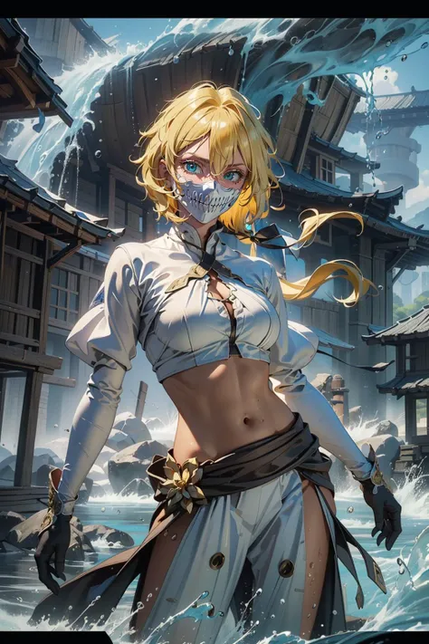 ((best quality)), ((masterpiece)), (intricate details, hyperdetailed:1.15), 35mm, bokeh, (perfect face, highest detailed face), (cowboy shot, mid-angle shot), tear halibel(jaw masks), crop top, (blonde hair:1.5), <lora:tear halibel0-000009:0.8>, yushui, water, <lora:yushui:0.4>, perfect eyes, long eyelashes, long hair, looking at viewer, 8k, shiny, glow, (bloom), beautiful girl, photoshoot, floating in the sky, water tornado in background, cinematic, fantasy