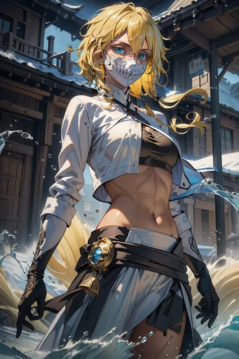 ((best quality)), ((masterpiece)), (intricate details, hyperdetailed:1.15), 35mm, bokeh, (perfect face, highest detailed face), (cowboy shot, mid-angle shot), tear halibel(jaw masks), crop top, (blonde hair:1.5), <lora:tear halibel0-000009:0.8>, yushui, water, <lora:yushui:0.4>, perfect eyes, long eyelashes, long hair, looking at viewer, 8k, shiny, glow, (bloom), beautiful girl, photoshoot, water tornado in background, cinematic, fantasy