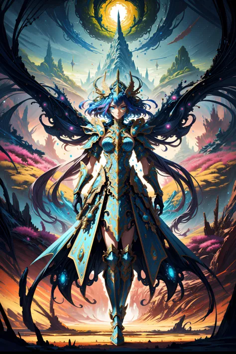 Surreal fractal fantasy, A majestic Martian woman, adorned in vibrant armor befitting a 16K resolution battle scene, emerges amidst an abstract landscape of otherworldly beauty, reminiscent of a captivating splash art masterpiece.