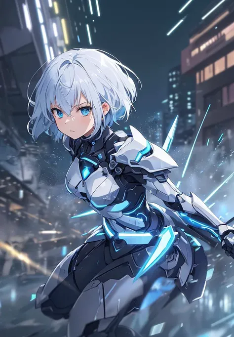 best quality, illustration, battle scene, (motion blur:1.3),
near future down town,
swing a near future knife,
beautiful girl, sharp blue eyes, look of determination, small breasts, black short hair,
white mechanical near future battle suit, black metalic armor with shining electronic blue neon lines,
((night,bokeh):1.1),