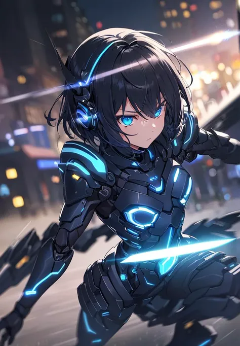 best quality, illustration, battle scene, (motion blur:1.3),
near future down town,
have a near future knife,
beautiful girl, sharp blue eyes, look of determination, small breasts, black short hair,
black mechanical near future battle suit, black metalic armor with shining electronic blue neon lines,
((night,bokeh):1.1),