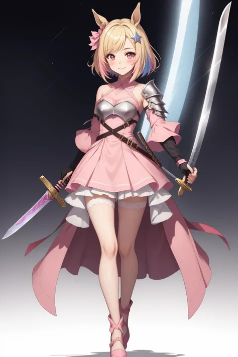 narita top road \(umamusume\),1girl,alternate costume,animal ears,armor,blonde hair,blush,character name,dress,ear covers,fingerless gloves,full body,gloves,gradient eyes,hair ornament,holding,holding sword,holding shield,holding sword,holding weapon,horse ears,horse girl,horse tail,knight,looking at viewer,medium hair,multicolored eyes,parted bangs,pink dress,pink skirt,sword,shield,shorts,shoulder armor,skirt,smile,solo,standing,star \(symbol\),star hair ornament,sword,tail,weapon,