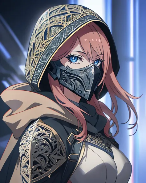 (anime screencap:1.2), highly detailed line art, female character, hooded cloak, (intricate armor:1.4), (expressive eyes:1.2), armored mouth mask, clean lines, (futuristic design:1.4), mysterious atmosphere, high contrast, pink lips,