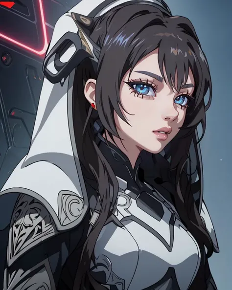 (ariana:1.1), (anime screencap:1.3), highly detailed line art, female character, hooded cloak, (intricate armor:1.4), (expressive eyes:1.2), clean lines, (futuristic design:1.4), mysterious atmosphere, high contrast,