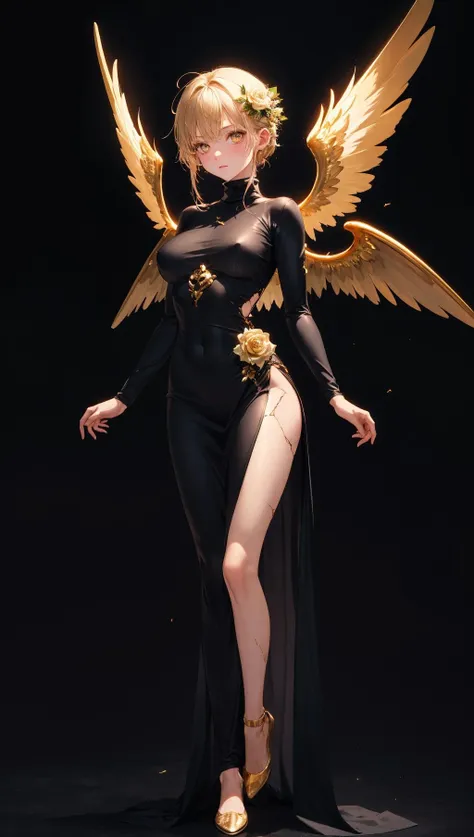 (masterpiece, best quality:1.2),(cracked skin:1.16),crack,rose,flower,gold,1girl,(floating in the air),solo,looking at looking at and facing viewer,white skin,gold eyes,(large dark angel wings attached to back),long black turtleneck dress,<lora:Cracked Skin:0.4>,(dark background),(Full body shot),