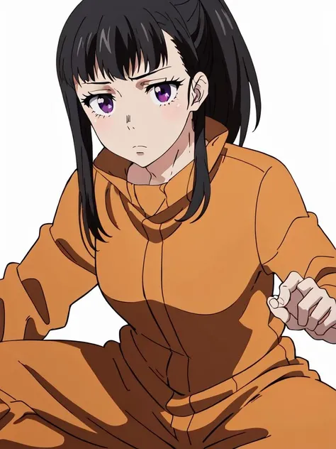 1girl, maki, solo, purple eyes, ponytail, black hair, expressionless, orange jumpsuit, jumpsuit, looking at viewer, cowboy shot, squatting, spread legs, <lora:maki-06-2:0.9>, simple background, white background