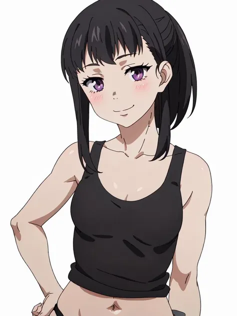 1girl, maki, solo, purple eyes, ponytail, :o, blush, black tank top, navel, short shorts, groin, simple background, white background, looking at viewer, <lora:maki-05-1:0.9>, cowboy shot, bare legs, leaning forward