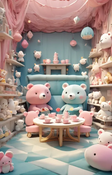 3d isometric, blender render, soft colorful-hued colors, (fabric texture, seam lines, stitching, plush, plushies:3), lunch_meeting, tiny and cute bears in an awkward tea party in a maze hedge garden, mad hatter, alice in wonderland, classy, elegant, <lora:Lunch_Meeting:1> Two tone lighting, abstract geometric gradients, geometric shapes, simple background