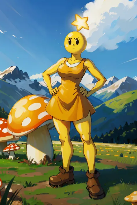 starlow, yellow skin, black eyes, orange dress, brown footwear, looking at viewer, serious, standing, hands on hips, outside, field. mountains, large mushrooms, blue sky, high quality, masterpiece, <lora:Starlow_MarioAndLuigi:1>