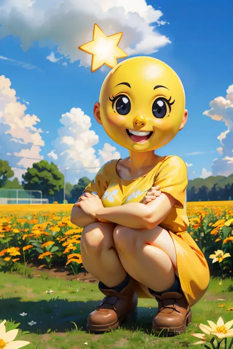 starlow, yellow skin, black eyes, orange dress, brown footwear, looking at viewer, smiling, happy, teeth, squatting, hands on knees, outside, field, flowers, blue sky, high quality, masterpiece, <lora:Starlow_MarioAndLuigi:1>
