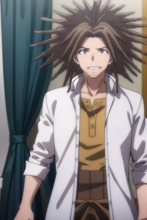 yasuhirohagakure, <lora:yasuhiro hagakure s1-lora-nochekaiser:1>,
yasuhiro hagakure, bangs, brown hair, (brown eyes:1.3), male focus, facial hair, dreadlocks, smile, grin,
BREAK shirt, collarbone, jacket, white shirt, open clothes, collared shirt, open jacket, black jacket, dress shirt, brown shirt,
BREAK indoors, classroom,
BREAK looking at viewer, (cowboy shot:1.5),
BREAK <lyco:GoodHands-beta2:1>, (masterpiece:1.2), best quality, high resolution, unity 8k wallpaper, (illustration:0.8), (beautiful detailed eyes:1.6), extremely detailed face, perfect lighting, extremely detailed CG, (perfect hands, perfect anatomy),