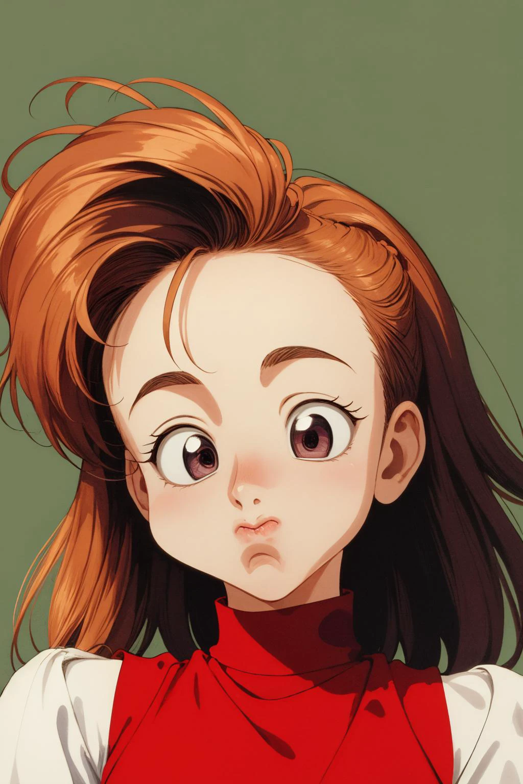 masterpiece, high quality, official wallpaper, high quality, 1girl, solo, 1990s \(style\), <lora:PuffyCheeks:1.4> puffupcheeks, crossedeyes