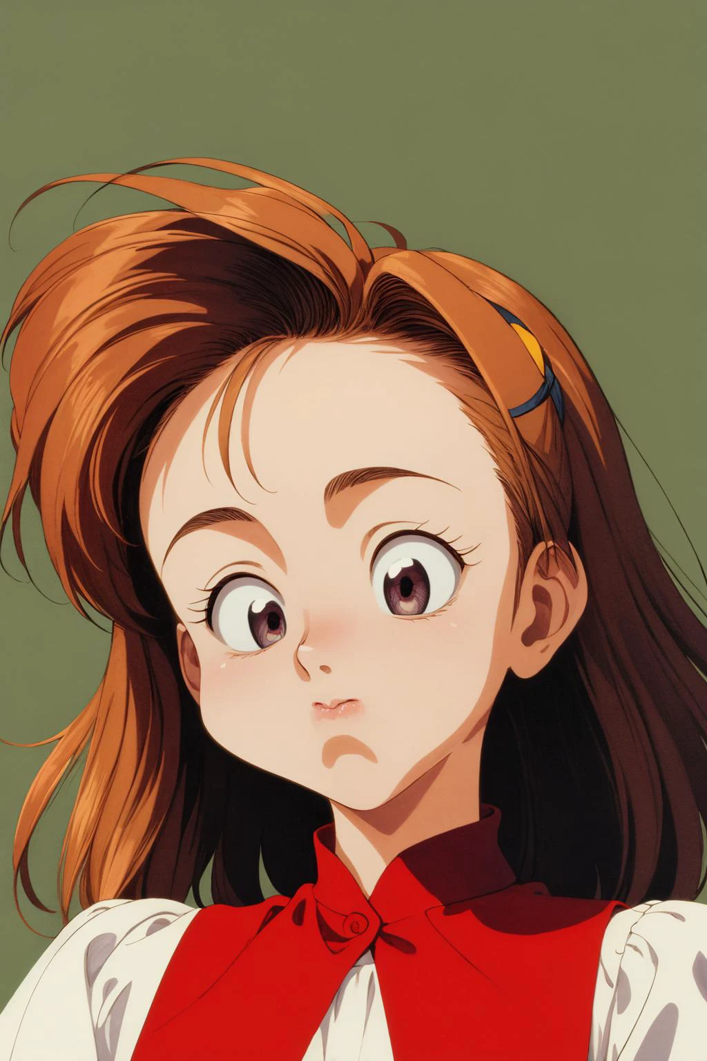 masterpiece, high quality, official wallpaper, high quality, 1girl, solo, 1990s \(style\), <lora:PuffyCheeks:1.3> puffupcheeks, crossedeyes