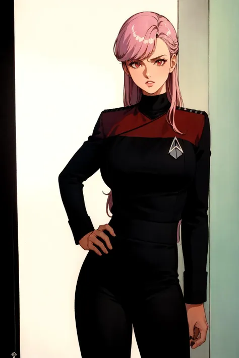 wearing (pcdst red uniform,black pants,black long sleeves:1.2),masterpiece, high quality, 1girl, solo, mature female, tall female, ((1980s \(style\))), 1girl, long hair, pink hair, red eyes, tattoo, large breasts<lora:STPicardUniforms:0.8>