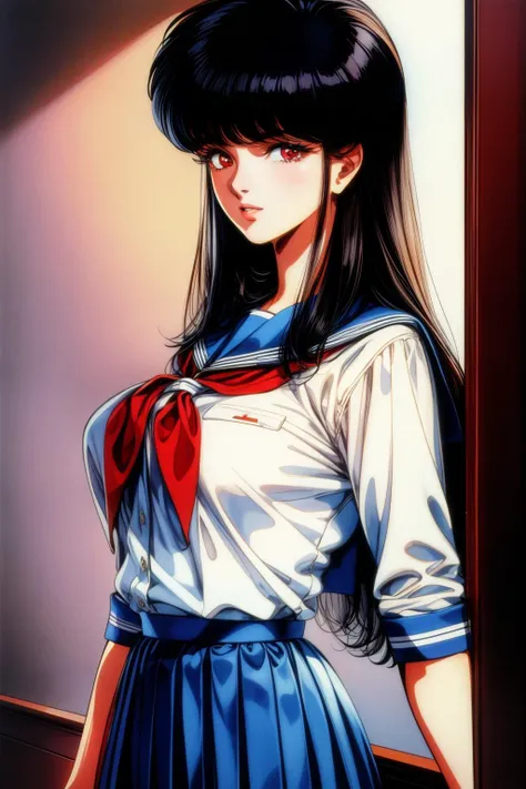 masterpiece, high quality, 1girl, solo, mature female, tall female, ((1980s \(style\))), black hair, long hair, red eyes, school uniform,  <lora:add_detail:1>