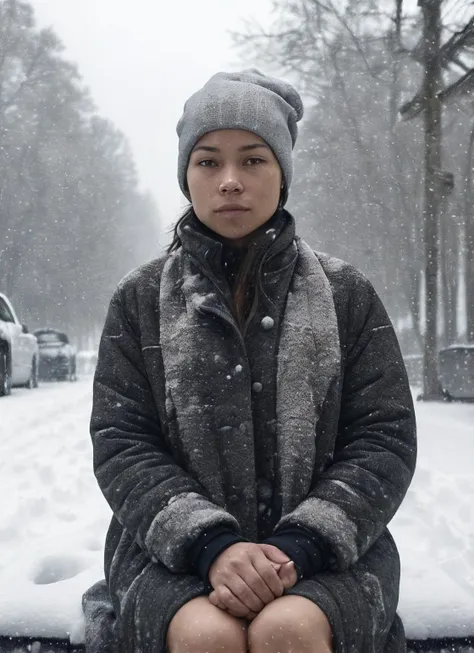 RAW photo of a sks woman, sitting in outdoor car ,winter ,snowy , ((wearing cap)), (detailed face), grunge, ((visual kai)), ((full body)), (high detailed skin:1.2), 8k uhd, dslr, soft lighting, high quality, film grain, Fujifilm XT3, <lora:locon_jessicaparker_v1_from_v1_64_32:1.3>