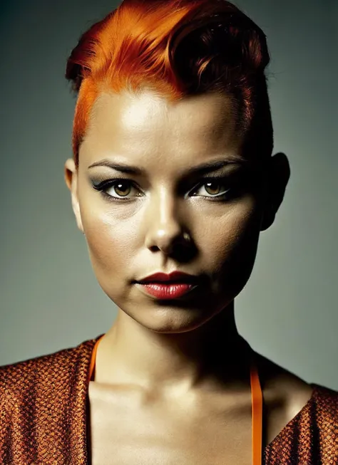 analog style, modelshoot style, portrait of sks woman by Flora Borsi, style by Flora Borsi, bold, bright colours, orange Mohawk haircut, ((Flora Borsi)), <lora:locon_jessicaparker_v1_from_v1_64_32:1.3>