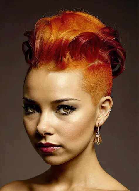 portrait of sks woman by Flora Borsi, style by Flora Borsi, bold, bright colours, orange Mohawk haircut, ((Flora Borsi)), <lora:locon_jessicaparker_v1_from_v1_64_32:1.3>