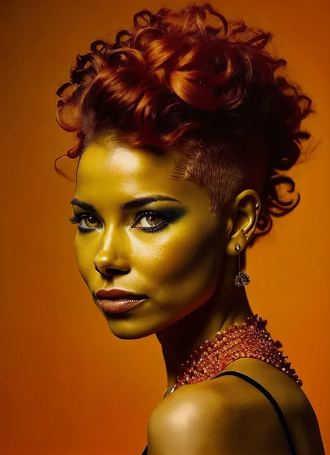 portrait of sks woman by Flora Borsi, style by Flora Borsi, bold, bright colours, orange Mohawk haircut, ((Flora Borsi)), <lora:locon_jessicaparker_v1_from_v1_64_32:1.3>