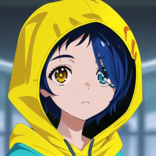 masterpiece, highres, 1girl,<lora:AiOhtoR4:0.7>,AiOhtoR4, upperbody, blue_hair, heterochromia, yellow eye, blue eye,short_hair,close-up,closed mouth,face,hood,hood up,looking at viewer,solo,yellow hoodie,,
