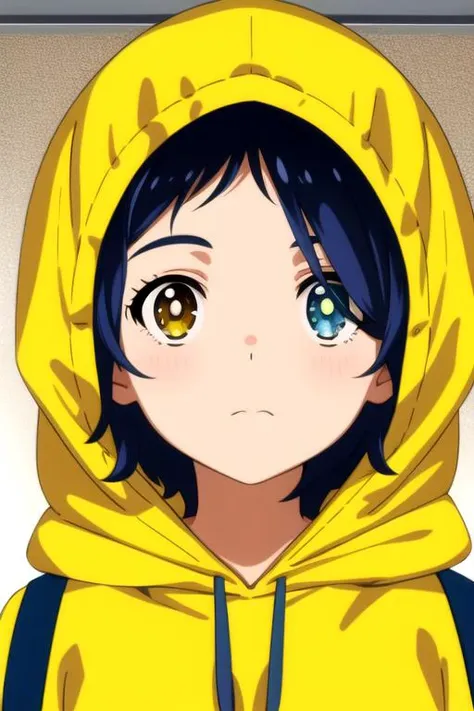 masterpiece, highres, 1girl,<lora:AiOhtoR4:0.7>,AiOhtoR4, upperbody, blue_hair, heterochromia, yellow eye, blue eye,short_hair,close-up,closed mouth,face,hood,hood up,looking at viewer,solo,yellow hoodie,,