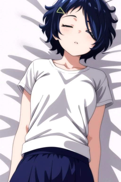 masterpiece, highres, 1girl,<lora:AiOhtoR4:0.7>,AiOhtoR4, blue_hair, heterochromia, yellow eye, blue eye,short_hair,upperbody,sleeping, bed
