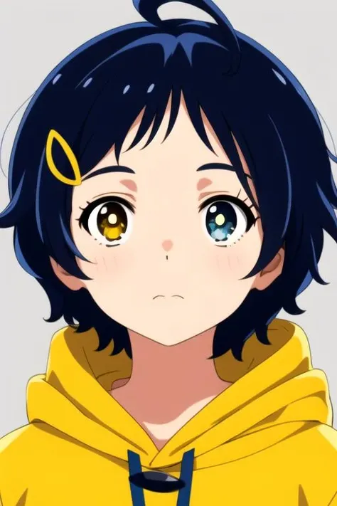 masterpiece, highres, 1girl,<lora:AiOhtoR4:0.7>,AiOhtoR4, upperbody, blue_hair, heterochromia, yellow eye, blue eye,short_hair,closed mouth,face,looking at viewer,solo,yellow hoodie,,