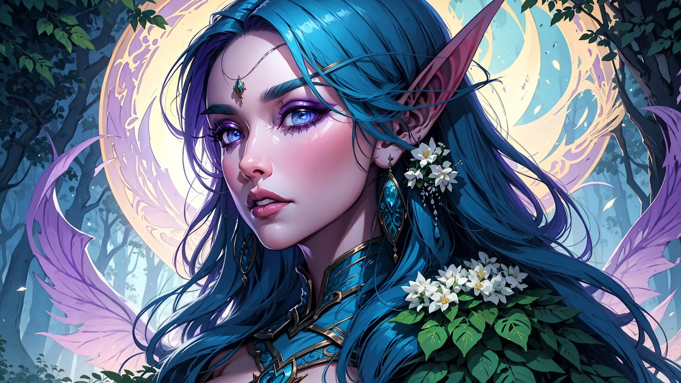((masterpiece)), (best quality), 1girl, vivid eyes, detailed face, atmospheric lighting,
shenelf, night elf, long hair, blue hair, (colored skin, purple skin), long ears,
wrenchelegadome, white dress, silver embroidery,
night forest, magical, fantasy,
<lora:sxz-night-elf-v3:0.8>,
<lora:wrenchelegadome:1>,