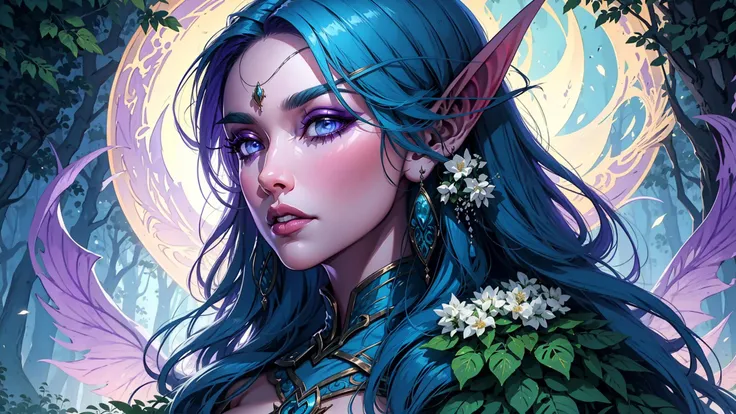 ((masterpiece)), (best quality), 1girl, vivid eyes, detailed face, atmospheric lighting,
shenelf, night elf, long hair,  blue hair, (colored skin, purple skin), long ears, 
wrenchelegadome, white dress, silver embroidery,
night forest, magical, fantasy,
<lora:sxz-night-elf-v3:0.8>,
 <lora:wrenchelegadome:1>,