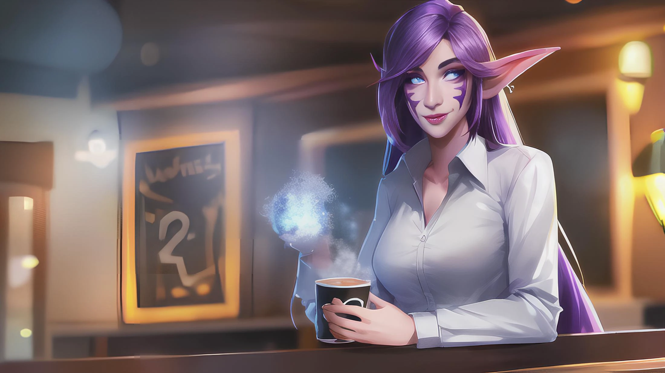 warcraft, world of warcraft, coffee holding cup, cafe, (white buttoned shirt),smile, inviting, friendly, tavern, shop, steamy cup, high quality, particles, volumetric lighting, best quality, masterpiece, 1girl,light purple skin, shenelf, athletic,glowing eyes, facial mark, <lora:sxzNightElvesWarcraft_sxzNightElves:0.7>