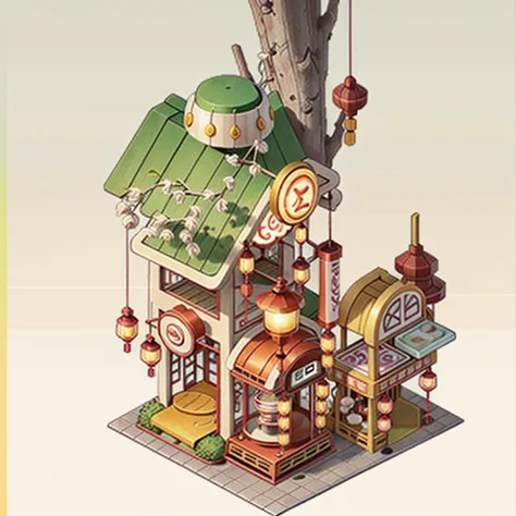 game icon institute, game icon, Qjianzhu,Kiosk Lantern Chinese Eaves Willow Tree Stone Tablet white background <lora:game icon institute_Qjianzhu_1:1>